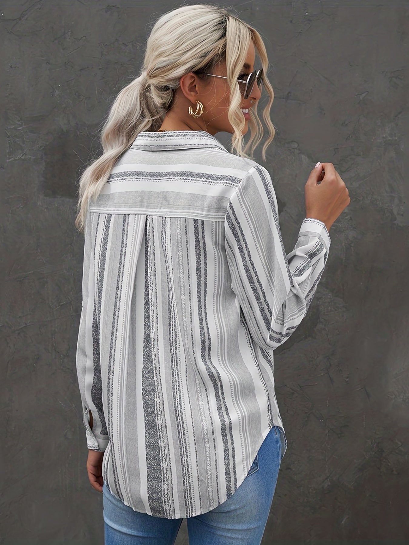 Antmvs Casual Striped Shirt, Button Up Top For Spring & Fall, Women's Clothing