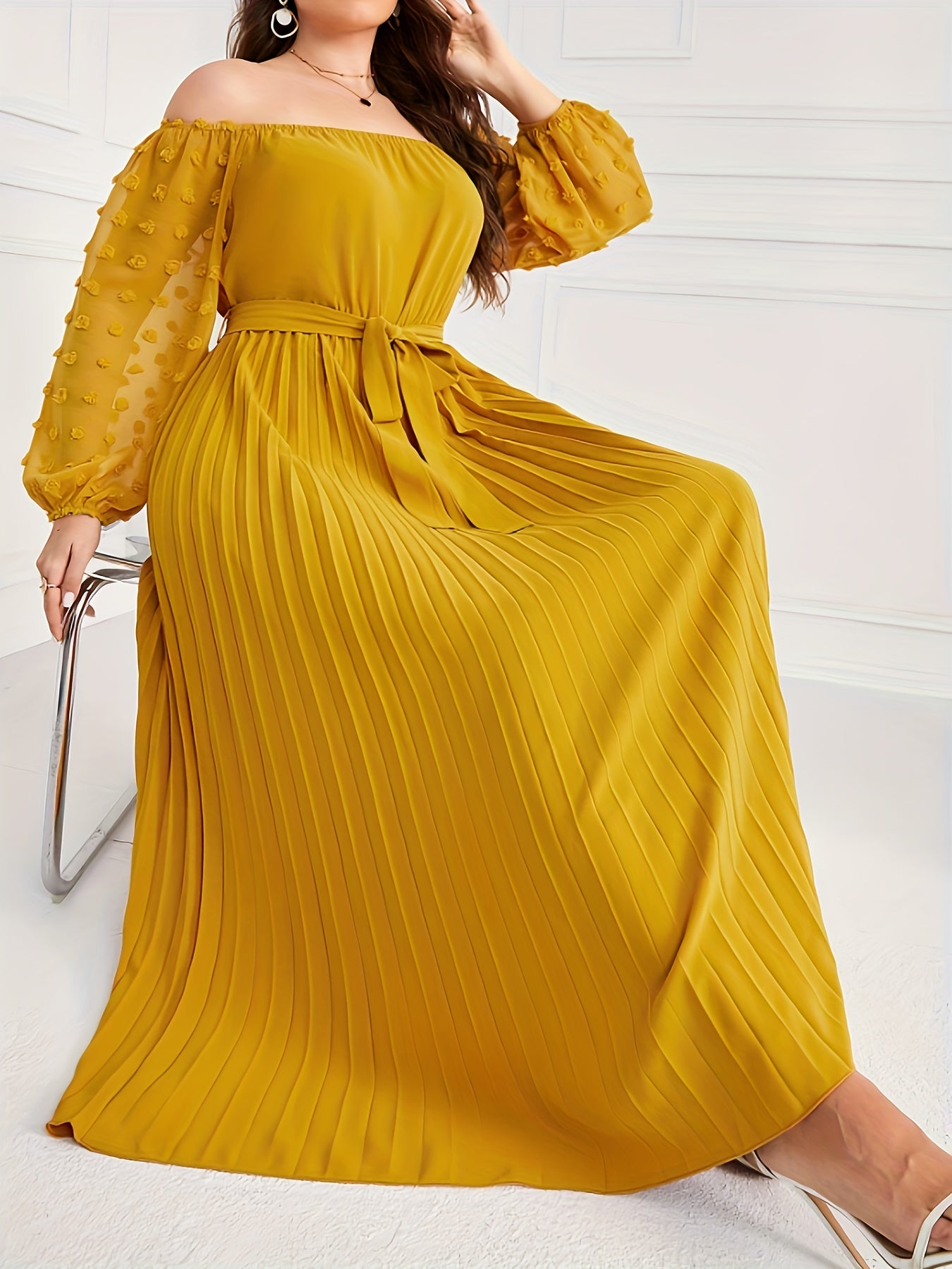 Antmvs Plus Size Casual Dress, Women's Plus Solid Swiss Dot Off Shoulder Lantern Sleeve Slight Stretch Pleated Maxi Dress With Belt