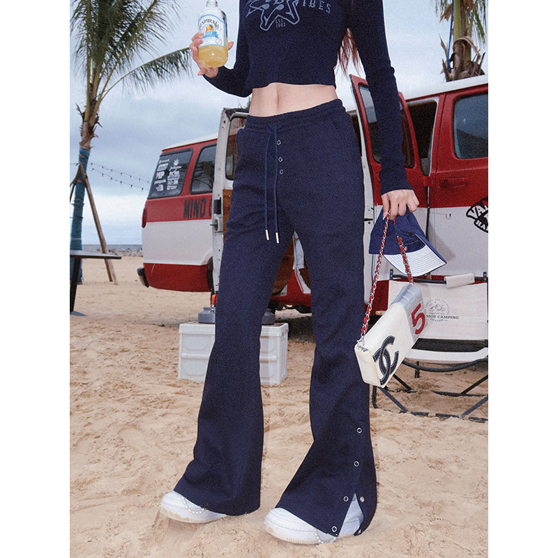 Antmvs BeerBro Navy Blue American Spice Girls Polo Neck Knit Top Button Up Casual Wide Leg Pants Matching Set