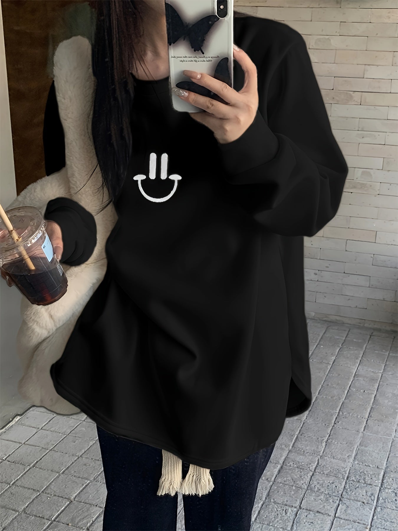 Antmvs Smile Face & Letter Print Pullover Sweatshirt, Casual Long Sleeve Crew Neck Sweatshirt For Fall & Winter, Women's Clothing