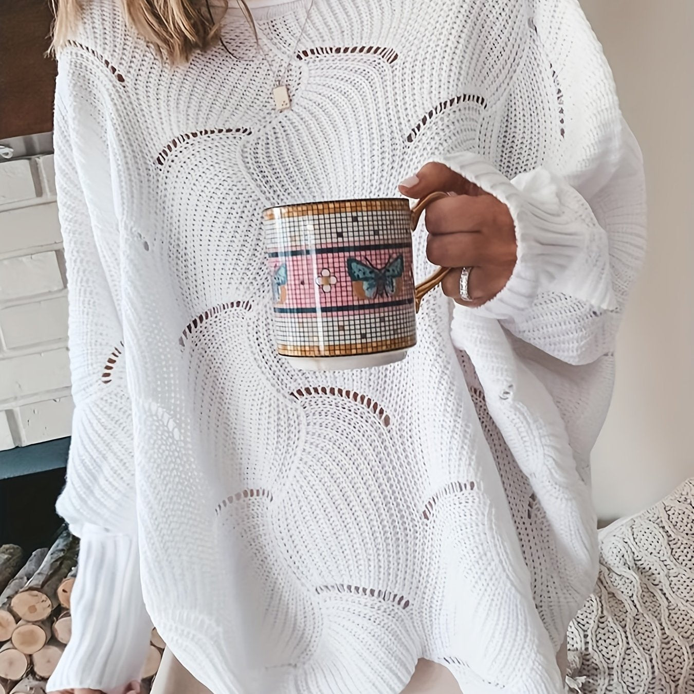Antmvs Solid Cutout Irregular Hem Knit Sweater, Casual Crew Neck Long Sleeve Pullover Sweater, Women's Clothing