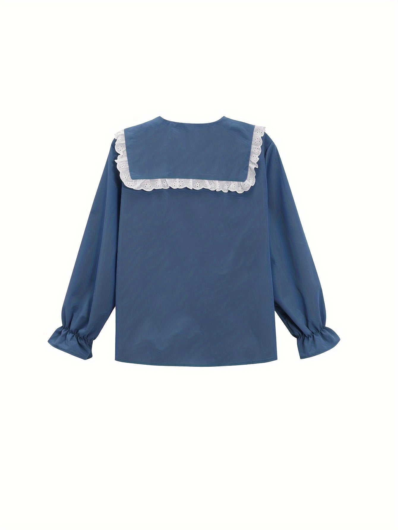 Antmvs Eyelet Lace Stitching Peter Pan Collar Shirt, Sweet Long Sleeve Button Front Shirt For Spring & Fall, Women's Clothing