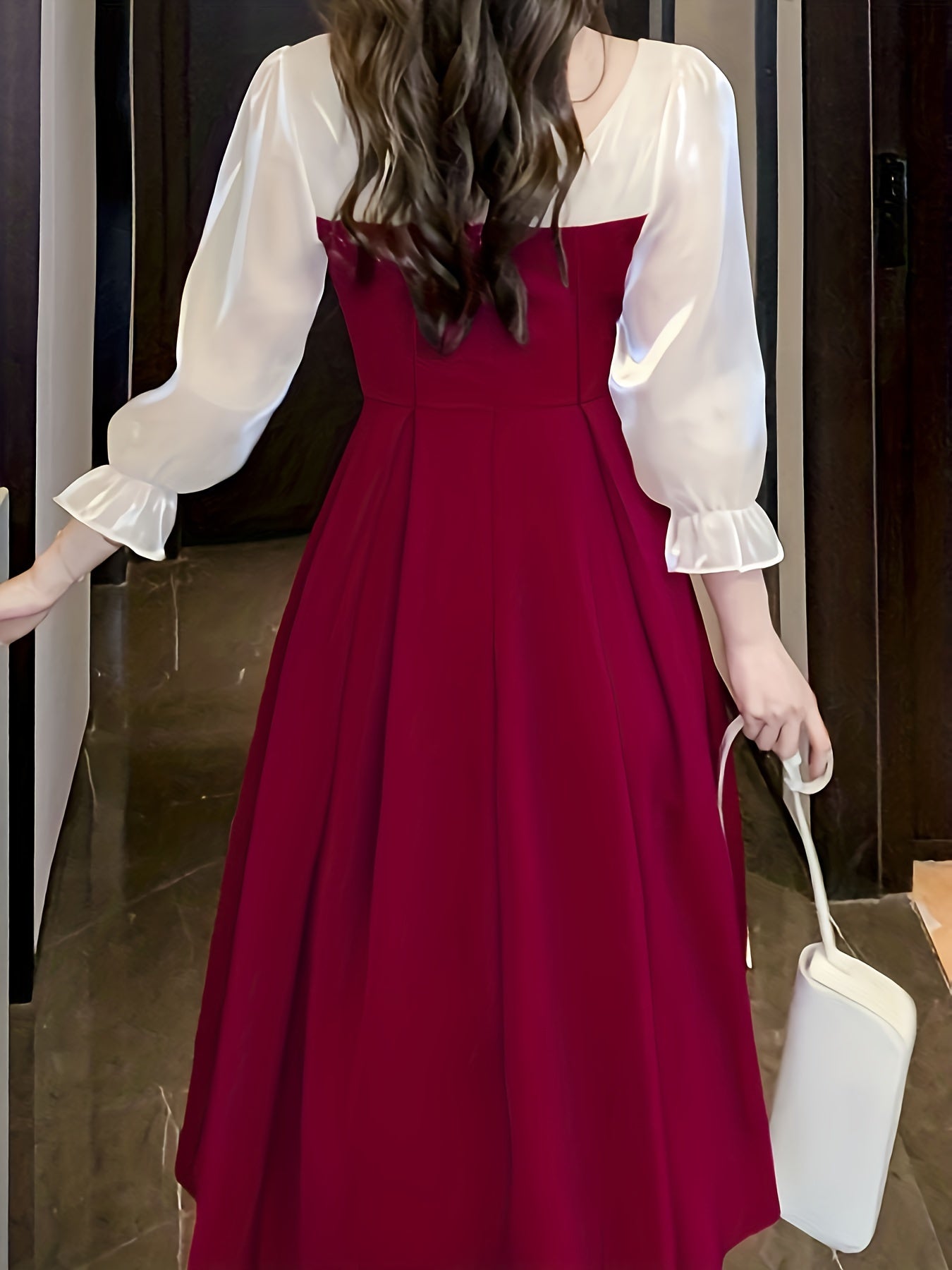 Antmvs Contrast Trim Mesh Lantern Sleeve Dress, Stylish A-line Flared Dress, Women's Clothing