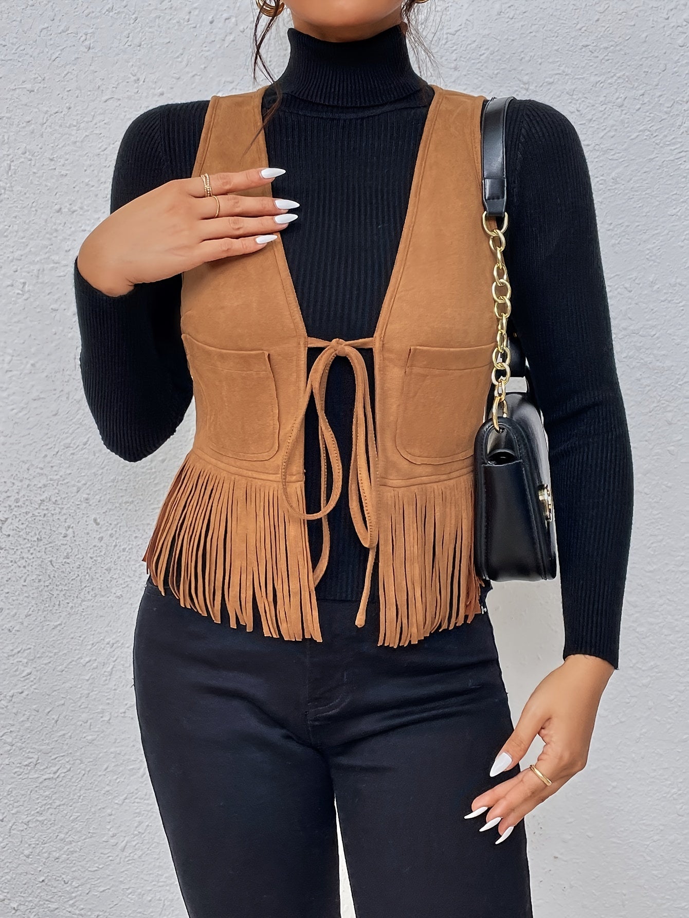 Antmvs Tassel Tie Front Solid Vest, Elegant Sleeveless Stylish Vest, Women's Clothing