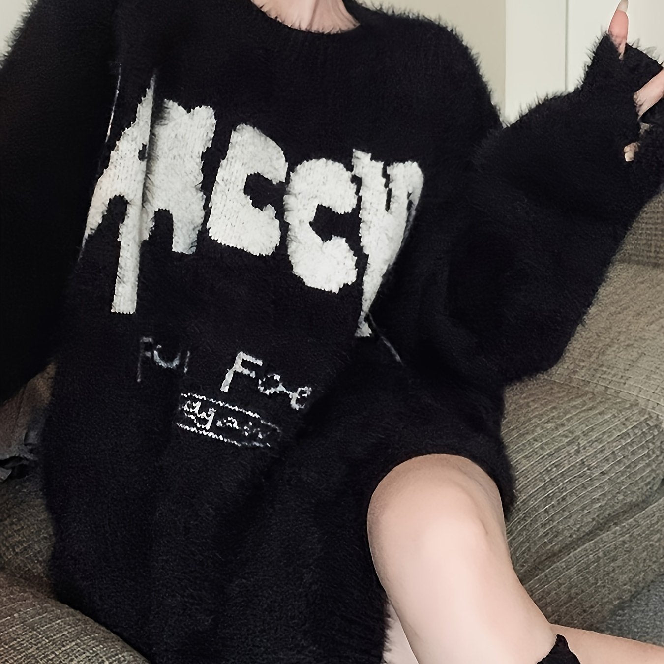 Antmvs Letter Pattern Crew Neck Fleece Sweater, Vintage Long Sleeve Oversized Pullover Sweater, Women's Clothing