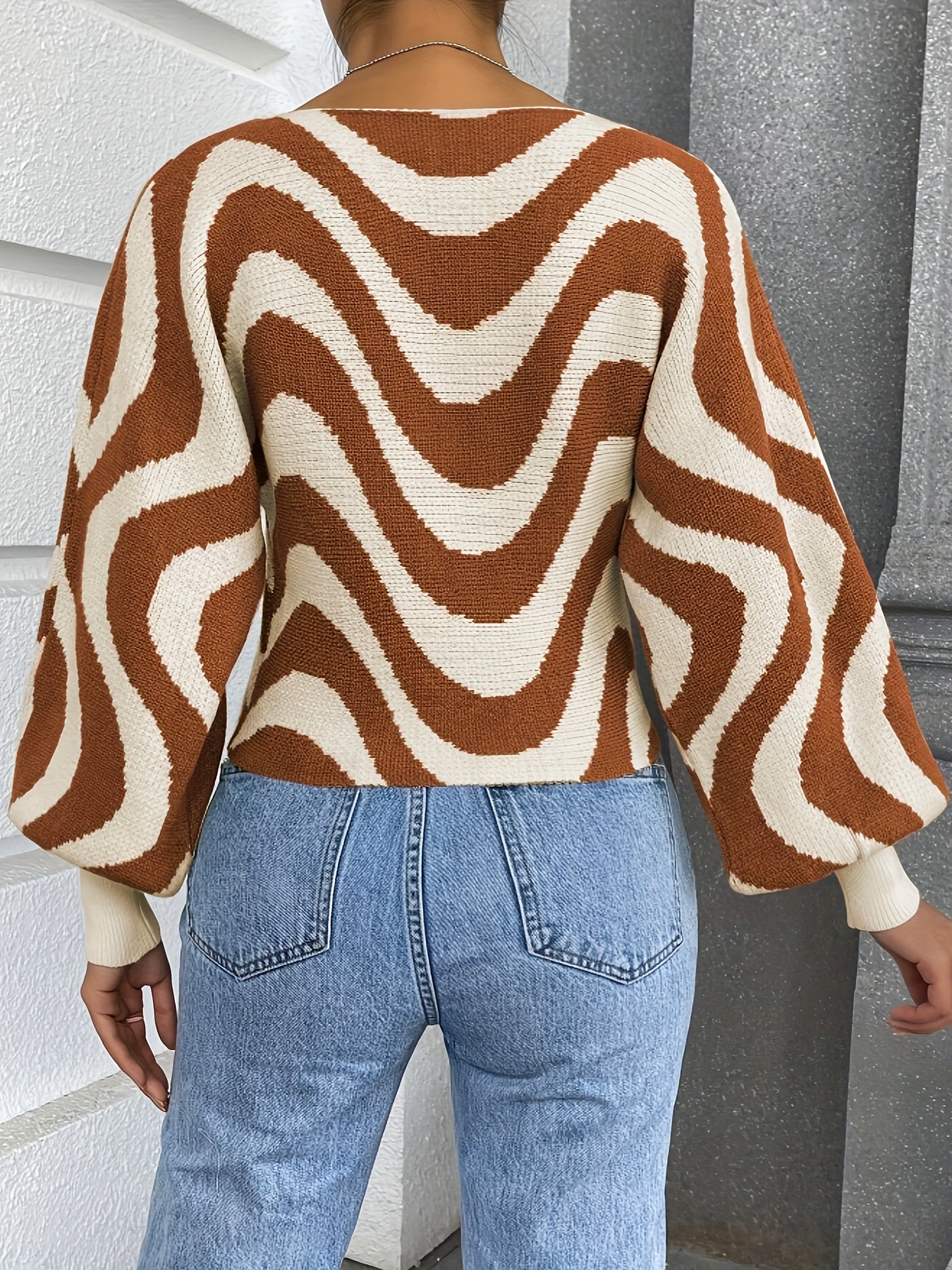 Antmvs Striped Boat Neck Pullover Sweater, Casual Lantern Sleeve Slim Sweater, Women's Clothing