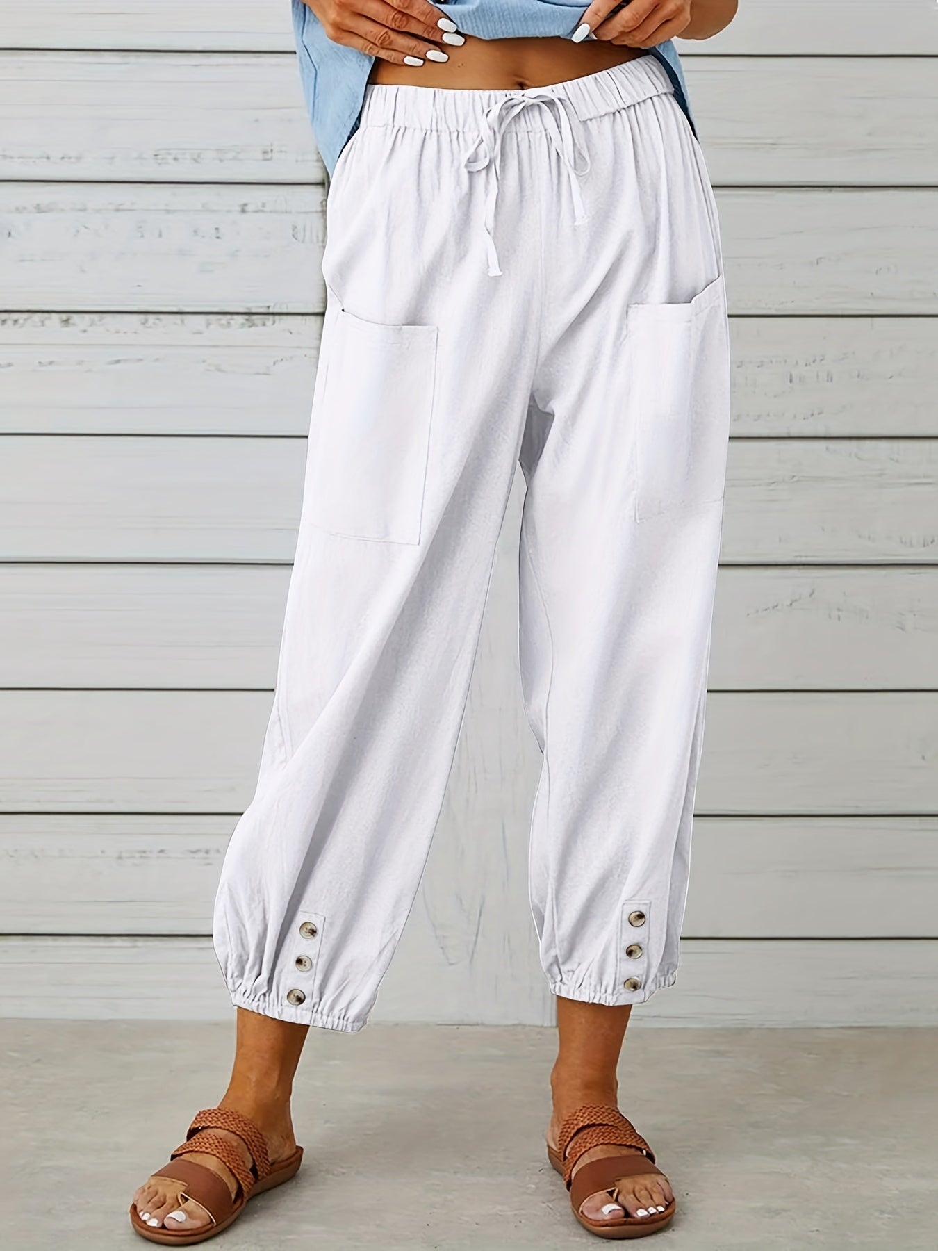 Antmvs Boho Baggy Harem Pants With Pockets, Drawstring Waist Casual Pants For Spring & Summer, Women's Clothing