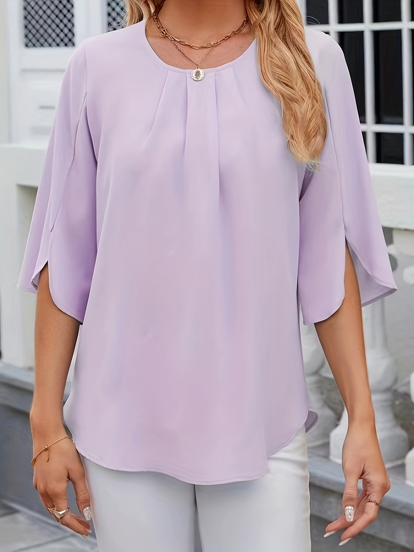 Plus Size Ruched Blouse - Exquisitely Elegant Design, Classic Crew Neck, Comfortable Short Sleeves, Flattering Ruched Detailing, Solid Color for Versatility - Perfect for Spring and Beyond, Designed Specifically for Plus Size Women