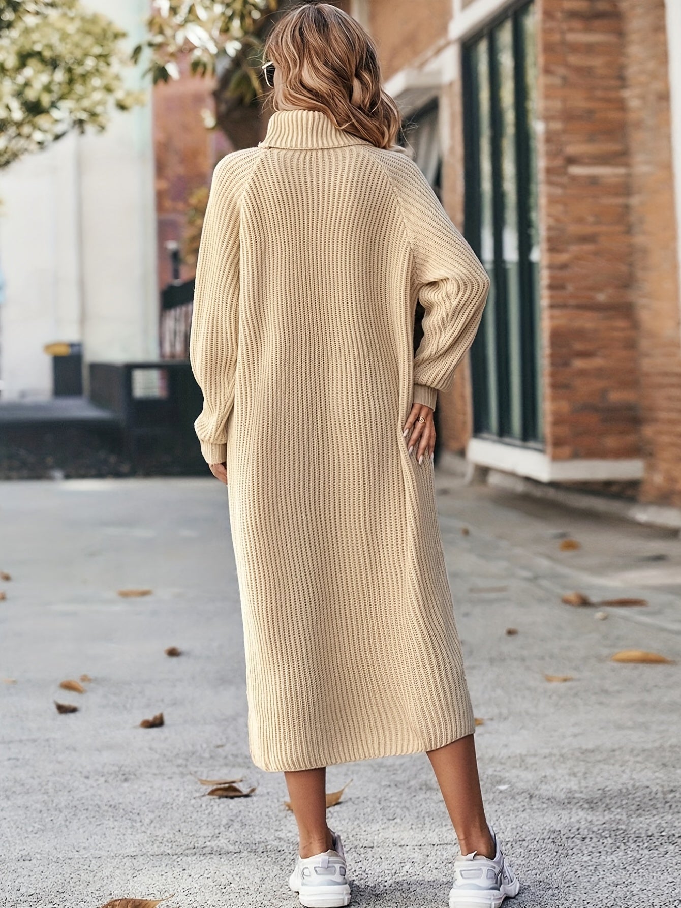 Antmvs Turtleneck Ribbed Sweater Dress, Casual Solid Long Sleeve Midi Dress, Women's Clothing