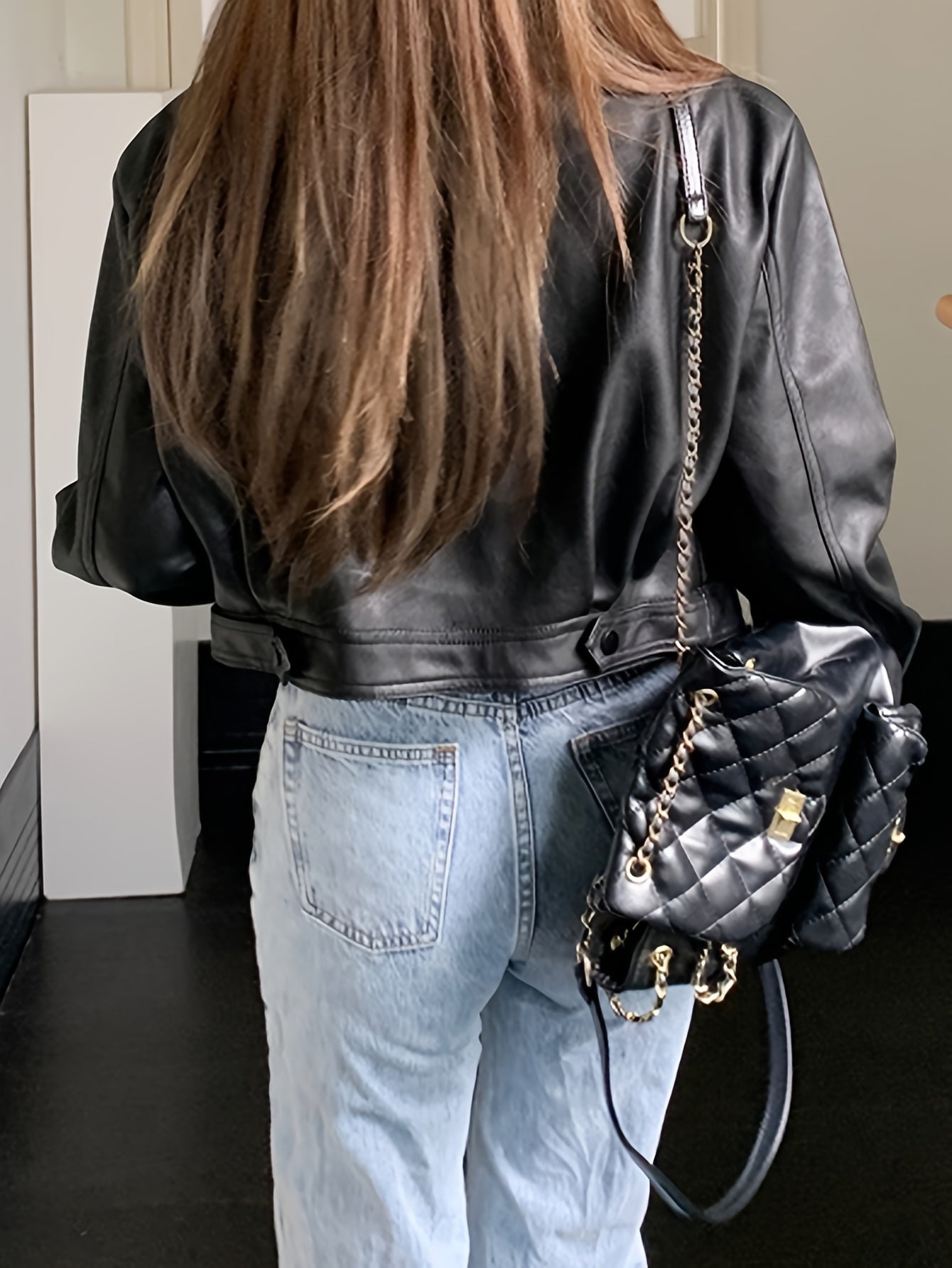 Antmvs Faux Leather Zip-up Jacket, Casual Long Sleeve Crop Biker Jacket For Fall & Winter, Women's Clothing