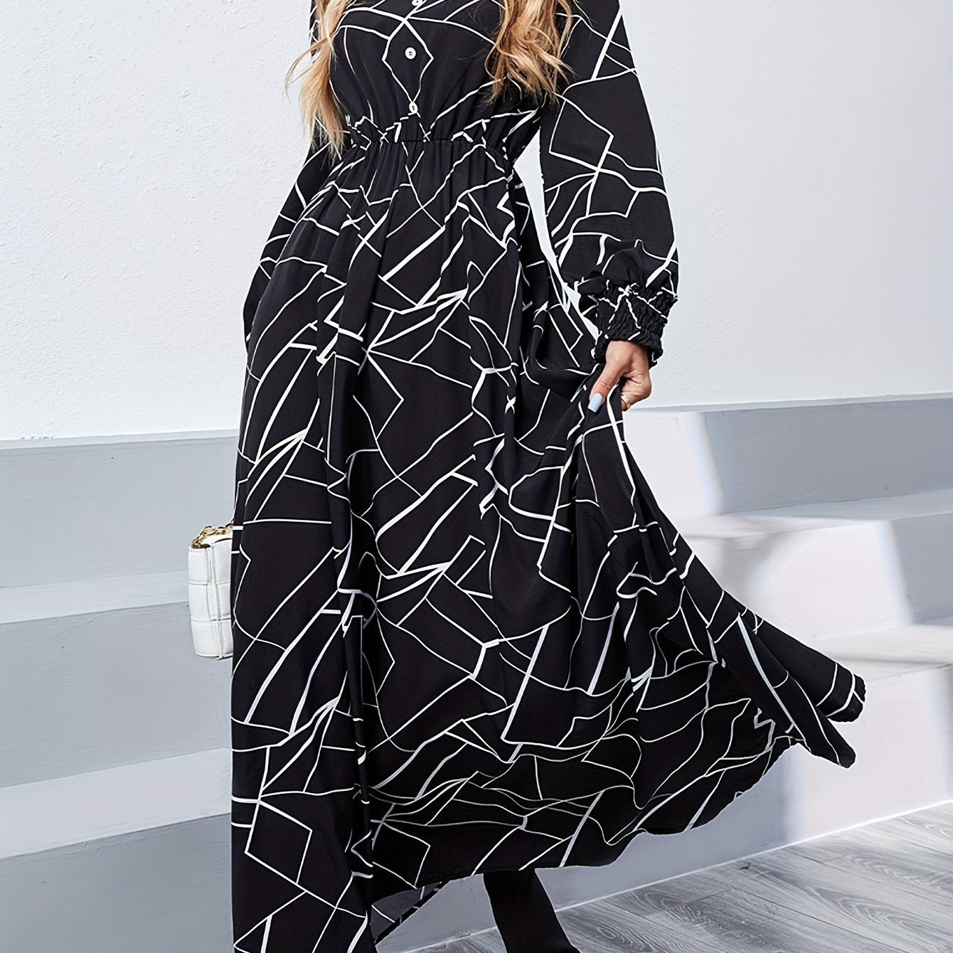 Antmvs Abstract Print Shirred V-neck Dress, Elegant Button Long Sleeve High-waist Dress For Every Day, Women's Clothing