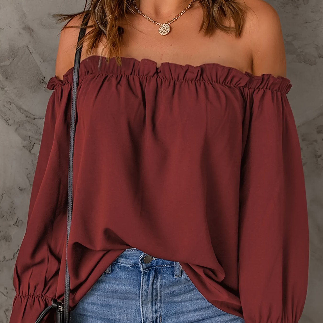 Antmvs Ruffle Trim Off-shoulder Blouse, Casual Solid Color Lantern Sleeve Blouse, Women's Clothing