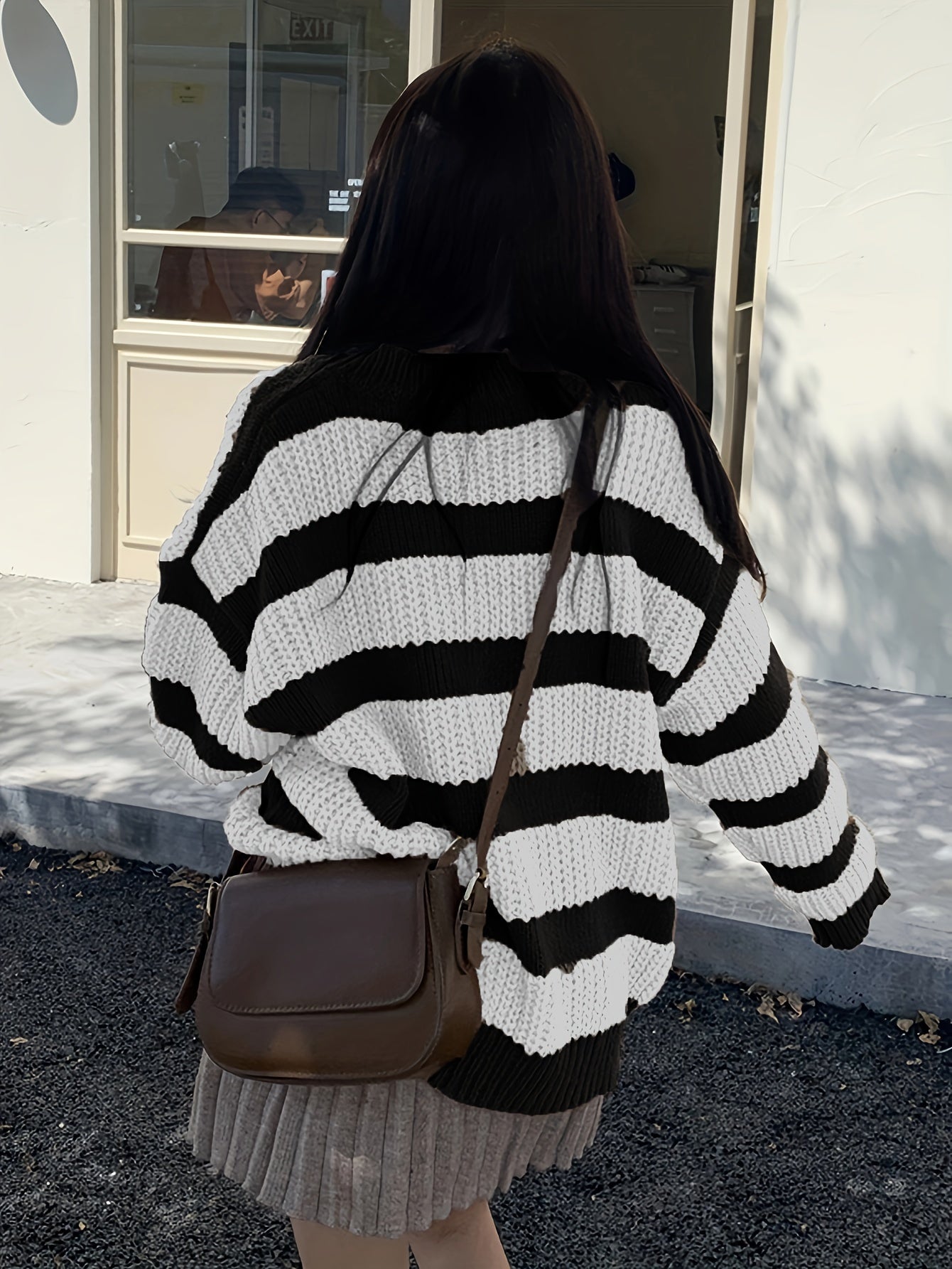 Antmvs Striped V Neck Pullover Sweater, Casual Long Sleeve Drop Shoulder Sweater, Women's Clothing
