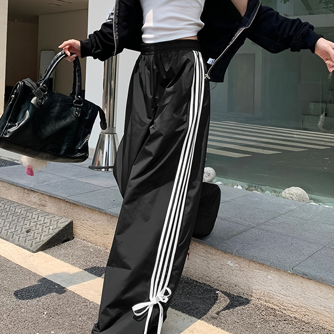Antmvs Striped Print Loose Pants, Casual Bow Decor Pants For Spring & Fall, Women's Clothing
