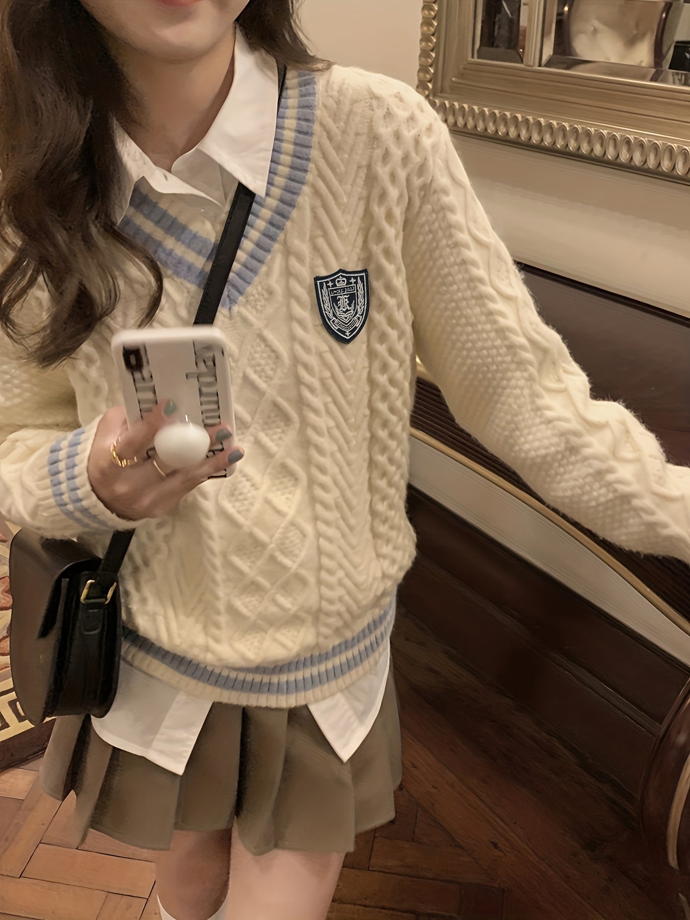Antmvs Contrast Trim Cable Knit Sweater, Preppy V Neck Long Sleeve Sweater For Fall & Winter, Women's Clothing
