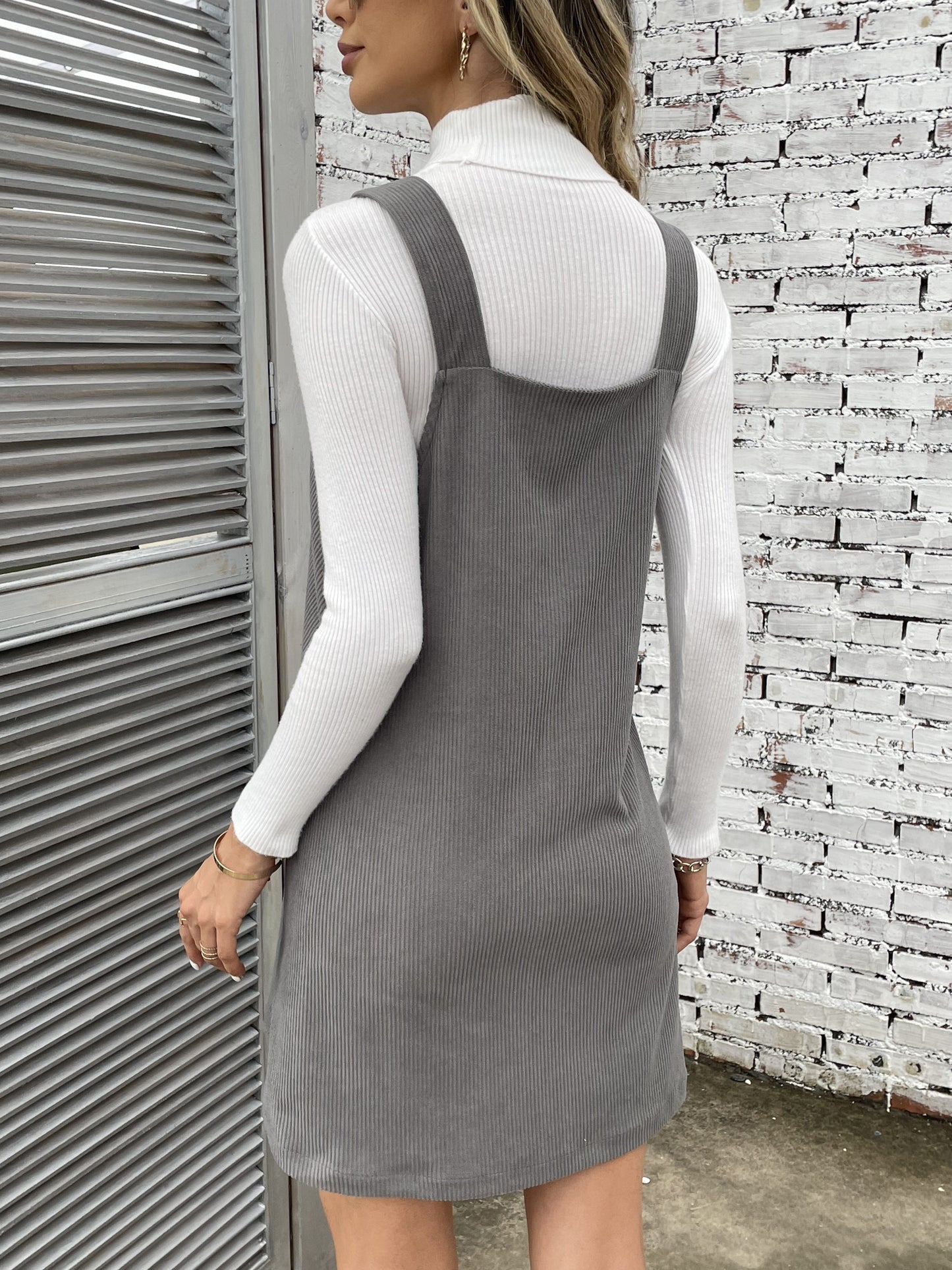 Antmvs Button Front Solid Overall Dress, Casual Sleeveless V Neck Dress, Women's Clothing