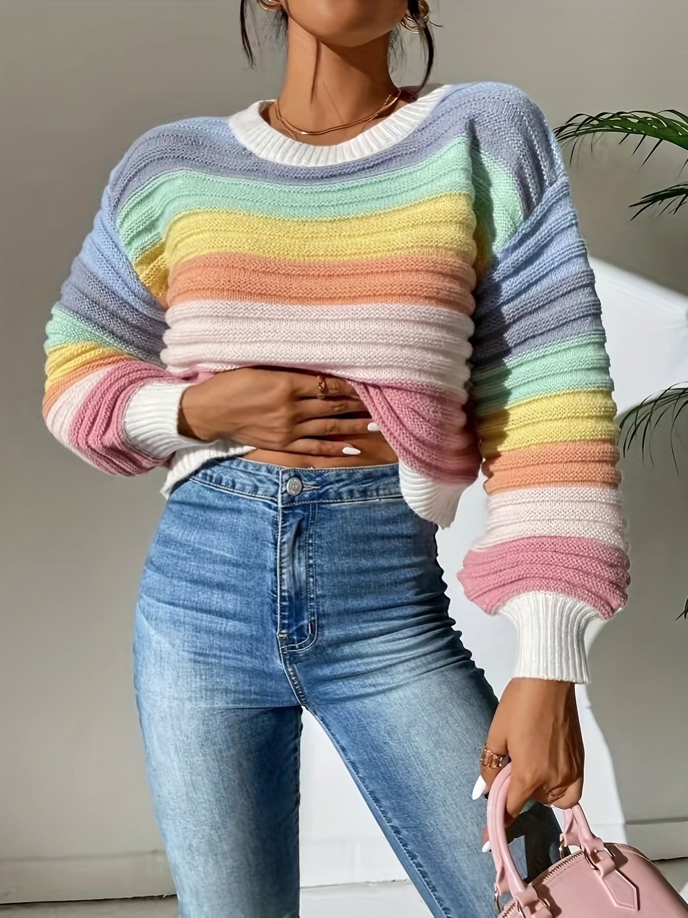 Antmvs Striped Pattern Crew Neck Sweater, Casual Long Lantern Sleeve Sweater For Spring & Fall, Women's Clothing