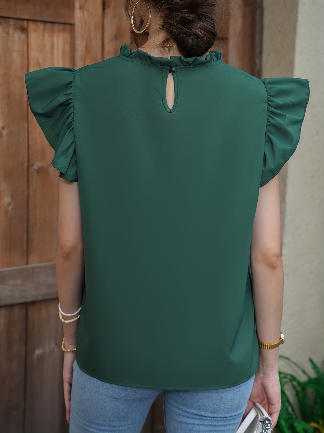 Antmvs Solid Color Round Neck Blouse, Casual Flutter Sleeve Blouse For Spring & Summmer, Women's Clothing
