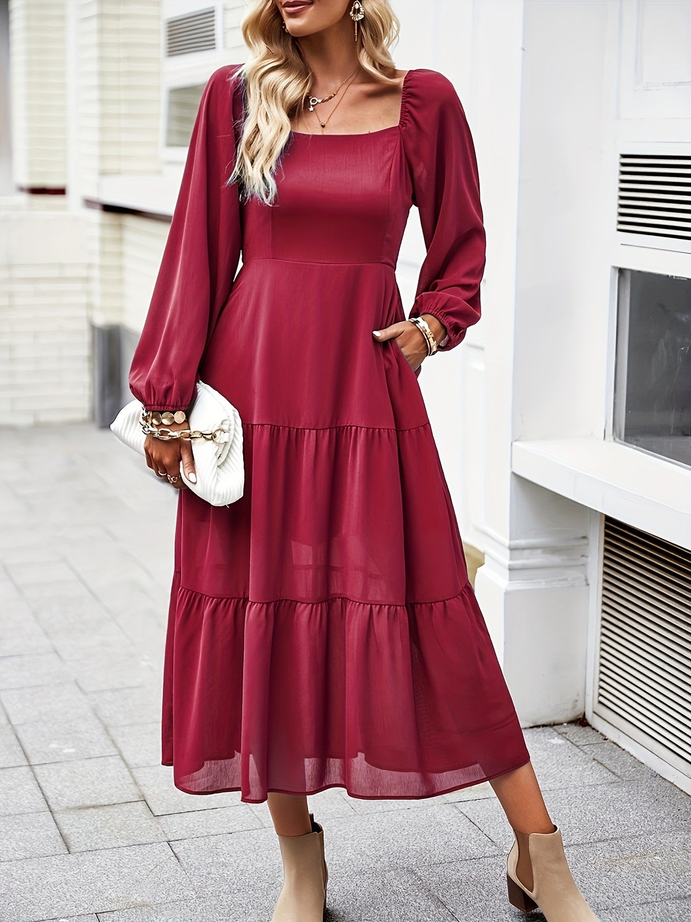Antmvs Tiered Solid Dress, Elegant Squared Neck Long Sleeve Dress, Women's Clothing