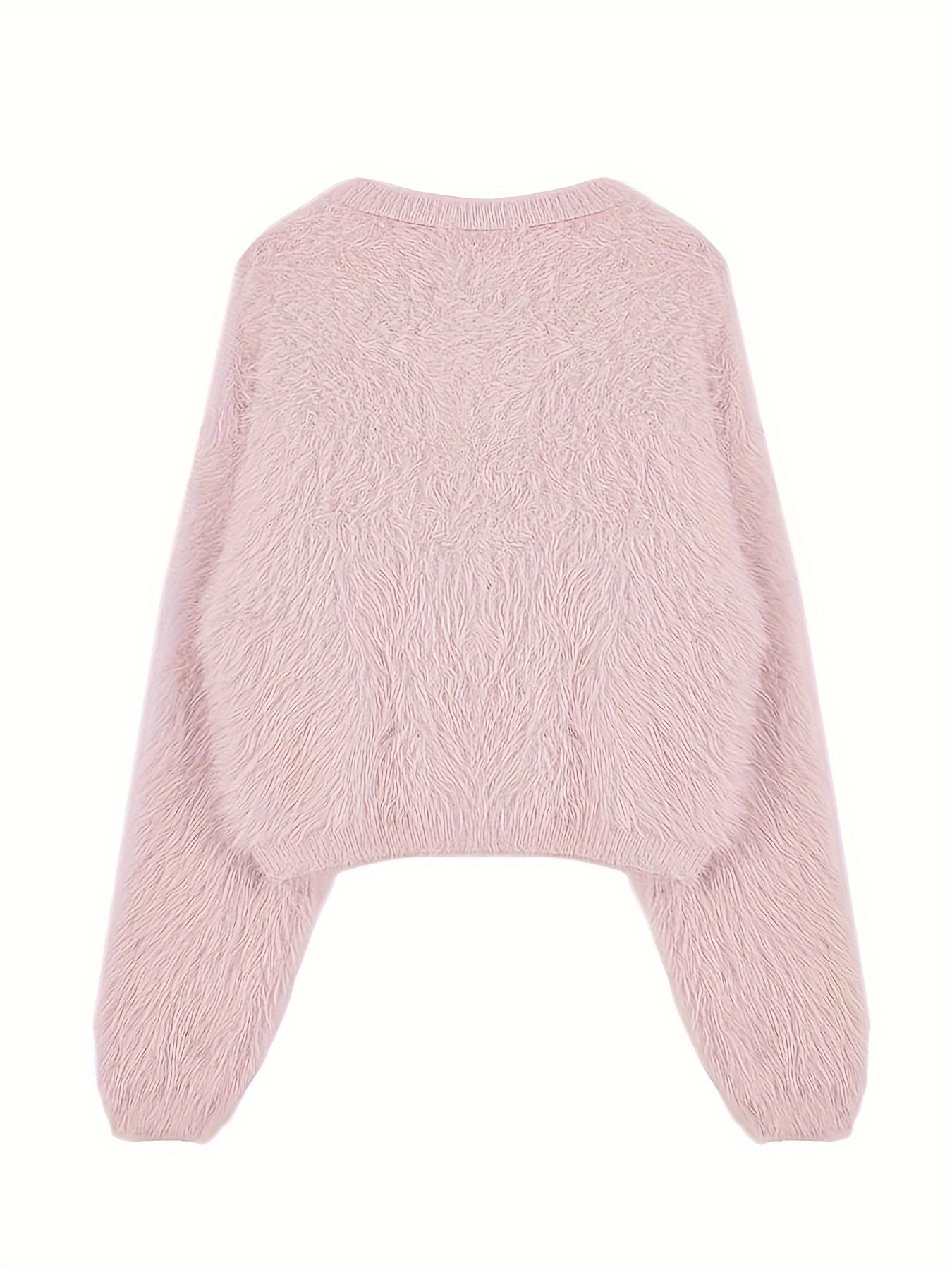 Antmvs Solid Color Faux Fur Crew Neck Sweater, Chic Long Sleeve Sweater For Fall & Winter, Women's Clothing