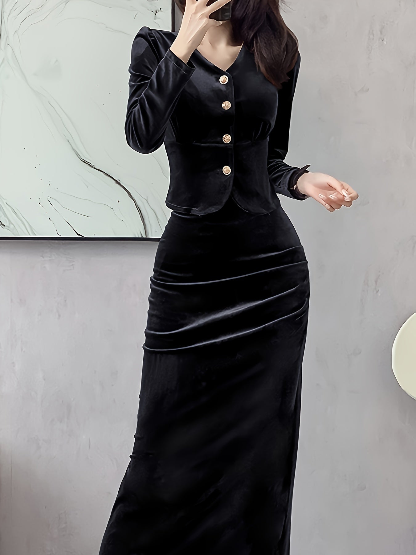 Antmvs Solid Bodycon Two-piece Set, Button Front Long Sleeve Tops & High Waist Midi Skirts Outfits, Women's Clothing
