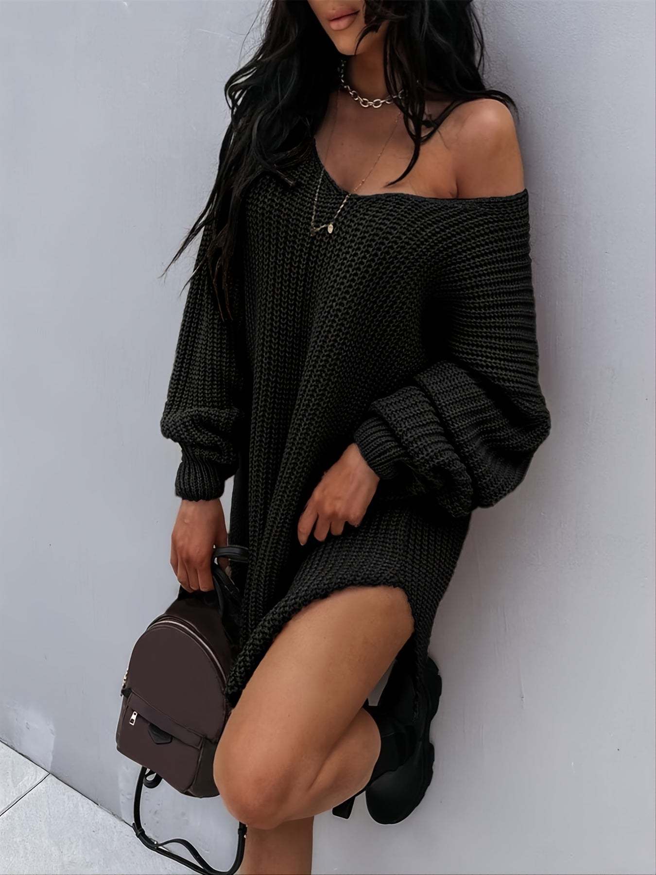 Antmvs Lantern Sleeve Knitted V-neck Sweater, Autumn And Winter New Knitted V-neck Sweater, Women's Clothing