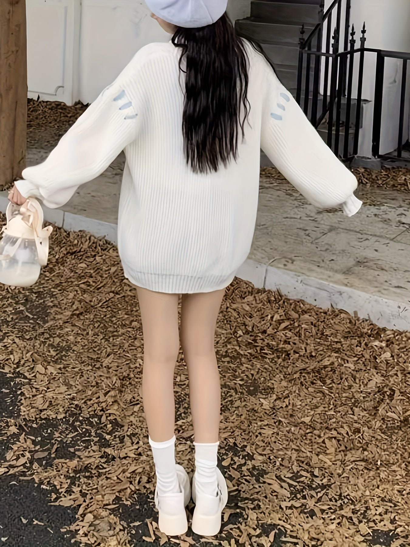 Antmvs Lace Up Button Down Knit Cardigan, Casual Long Sleeve Loose Sweater, Women's Clothing