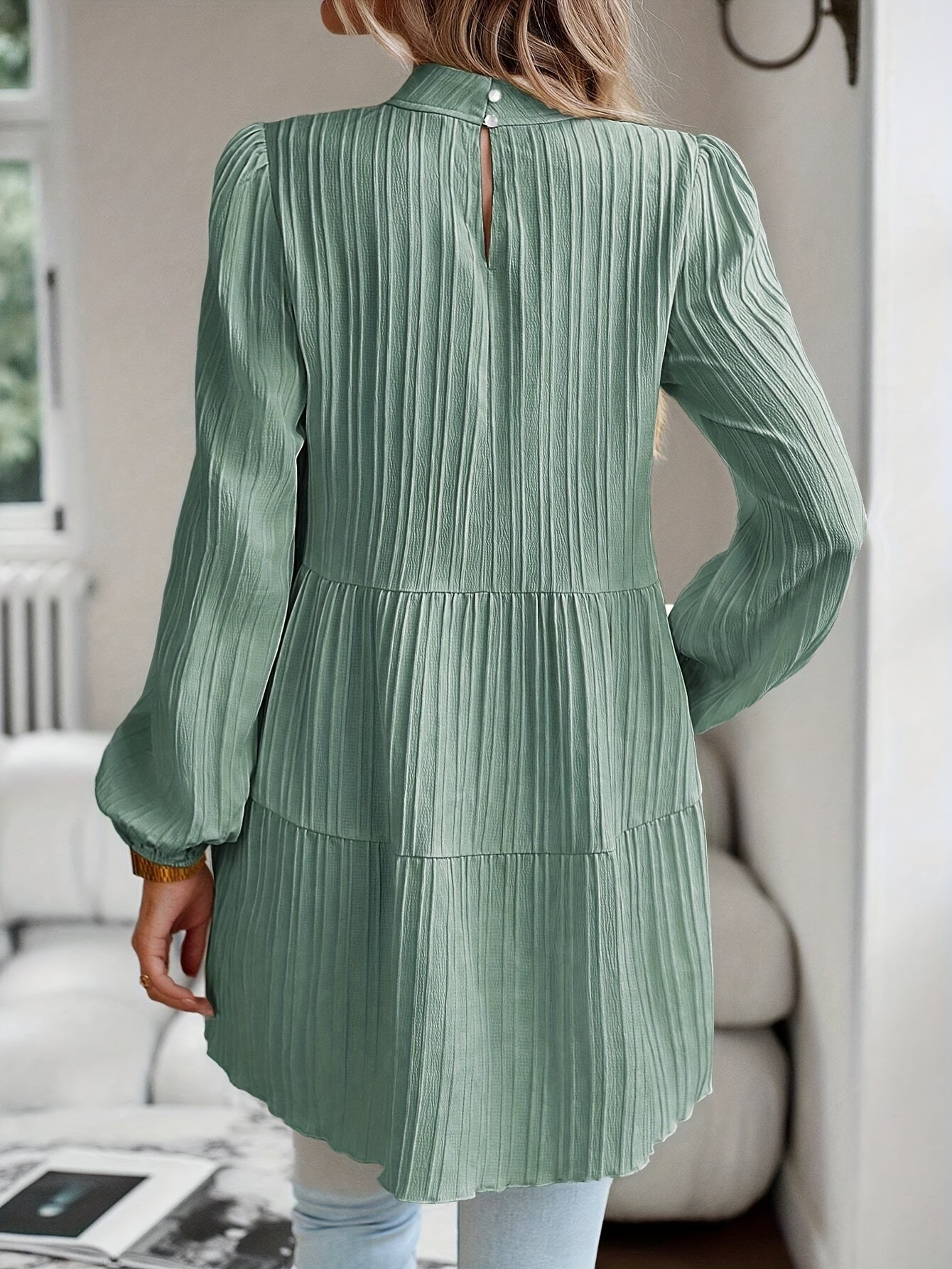 Antmvs Textured Keyhole Blouse, Elegant Mock Neck Long Sleeve Blouse, Women's Clothing