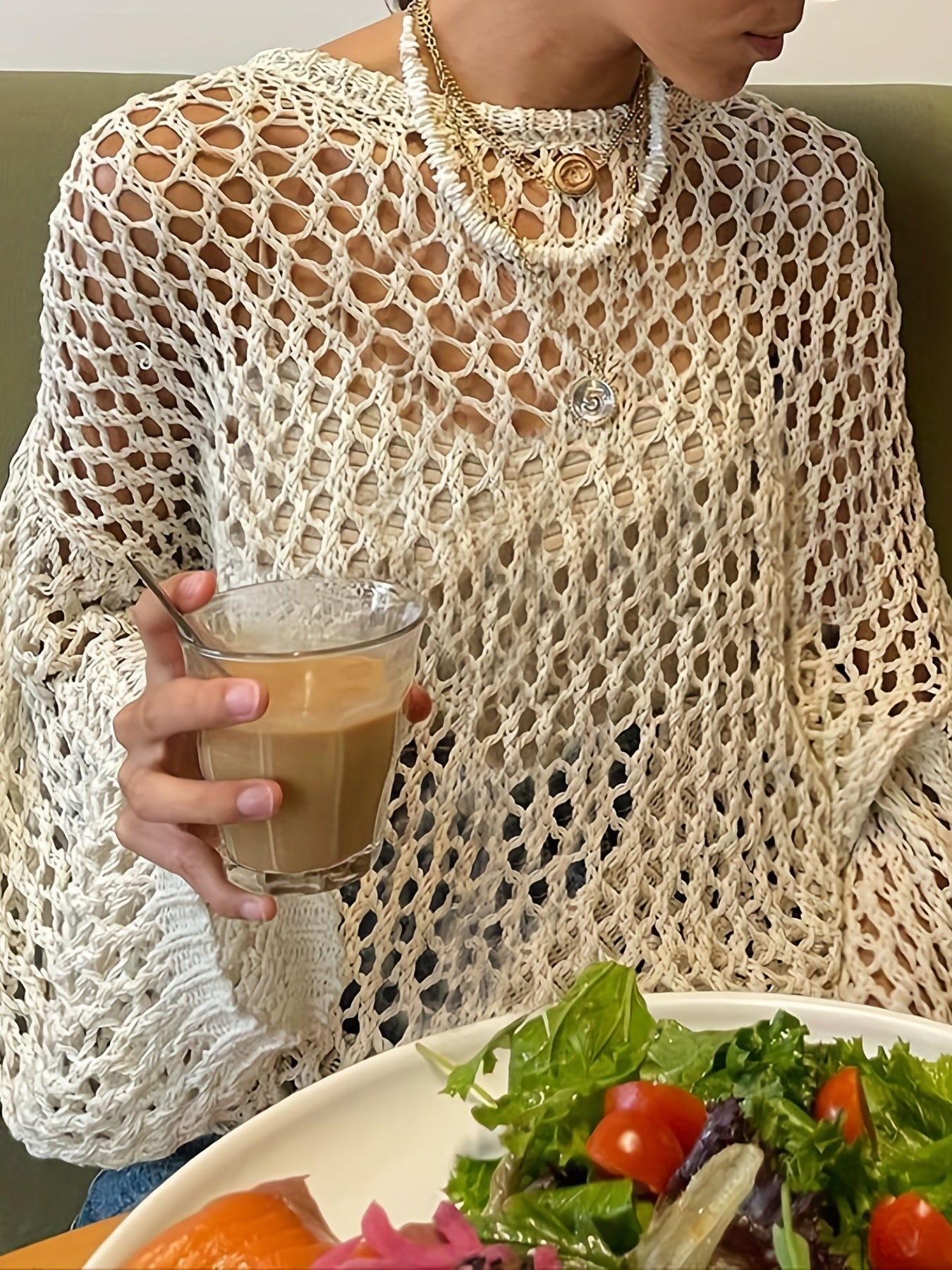 Antmvs Crochet Cover Up Knitted Top, Casual Long Sleeve Sweater For Spring & Summer, Women's Clothing