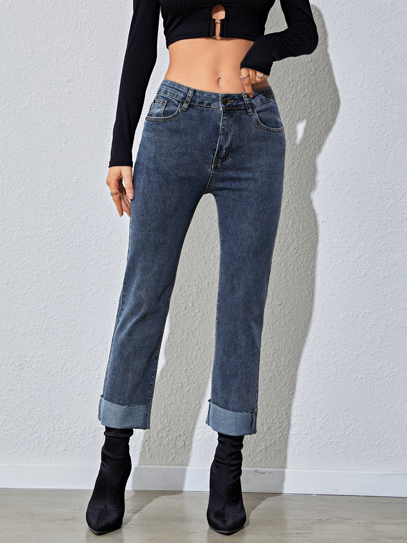 Antmvs Raw Hem Rolled Legs Mid Rise Slim Fit Straight Legs High Stretchy Washed Blue Color Vintage Straight Jeans, Women's Denim Jeans