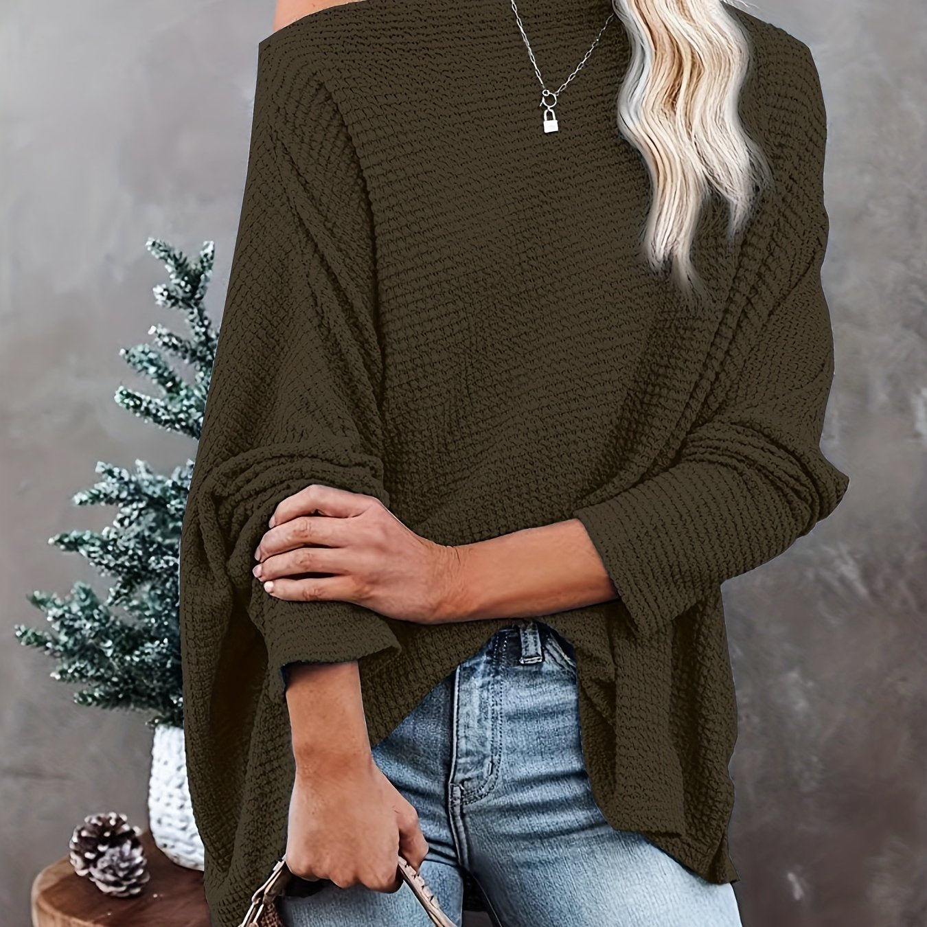 Antmvs Women's Casual Off Shoulder Bat Long Sleeve Waffle Knitted Oversized Pullover Sweater, Casual Tops For Fall & Winter, Women's Clothing