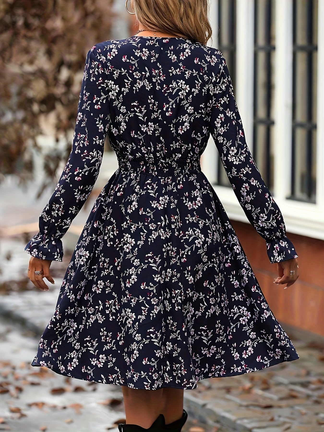 Antmvs Floral Print Surplice Neck Dress, Elegant Long Sleeve Ruffle Trim Dress, Women's Clothing