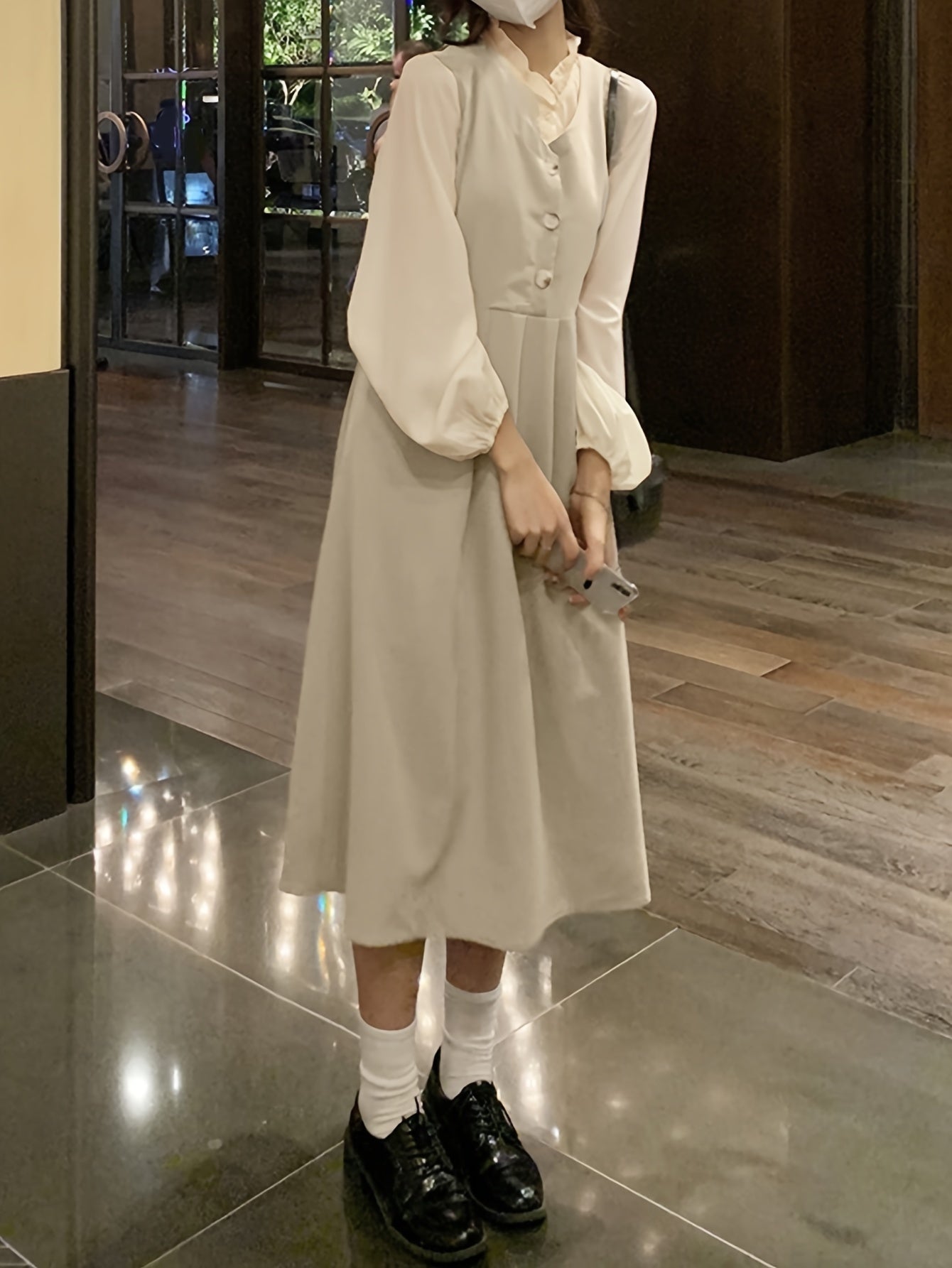 Antmvs Color Block Ruffle Trim Splicing Dress, Vintage Single Breasted Long Sleeve Dress For Spring & Fall, Women's Clothing