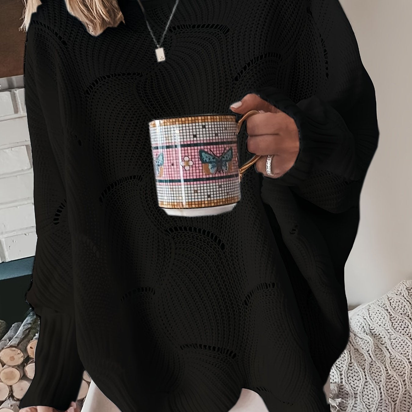 Antmvs Solid Cutout Irregular Hem Knit Sweater, Casual Crew Neck Long Sleeve Pullover Sweater, Women's Clothing