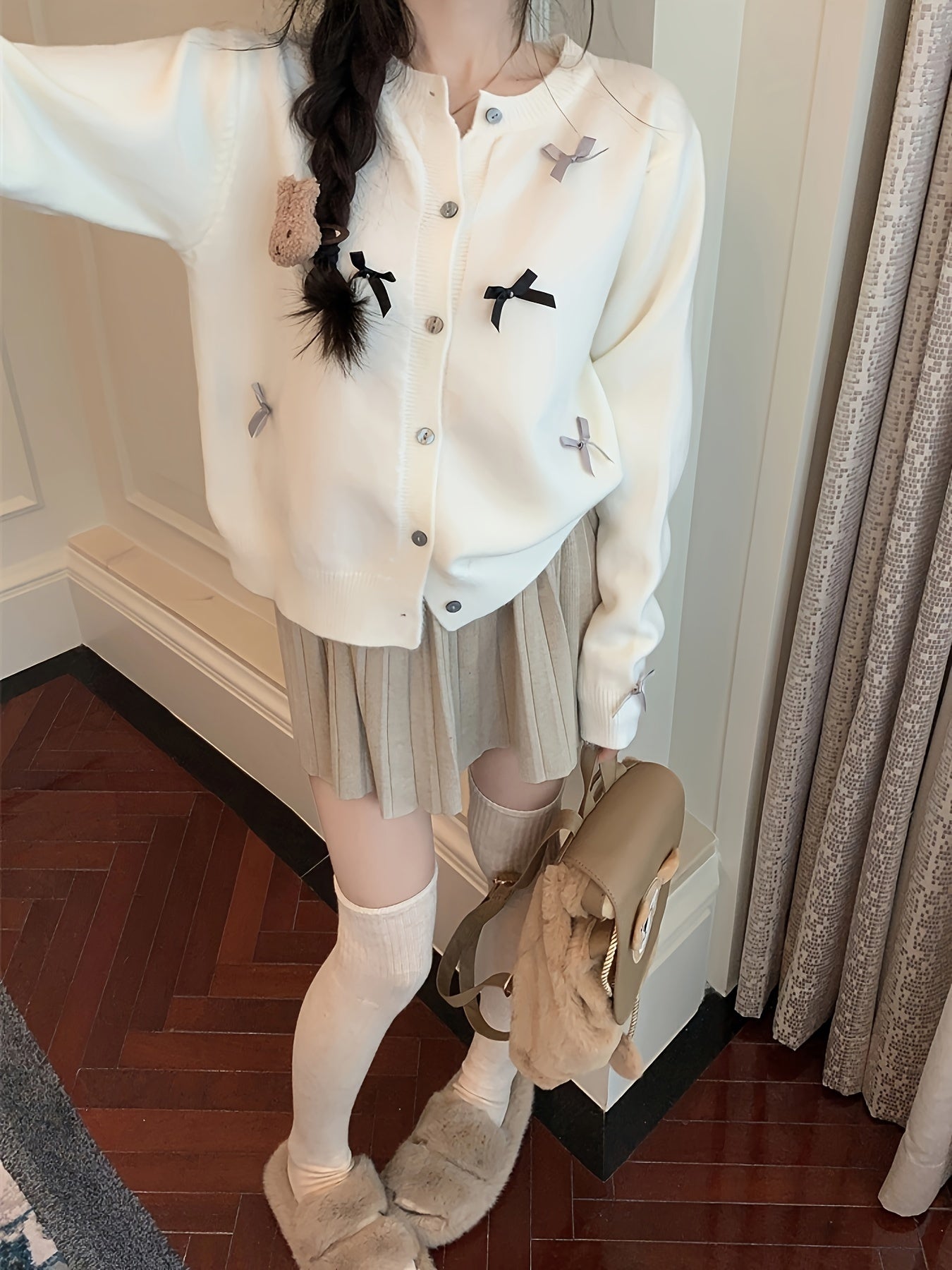 Antmvs Bow Decor Button Up Knit Cardigan, Casual Crew Neck Long Sleeve Sweater, Women's Clothing