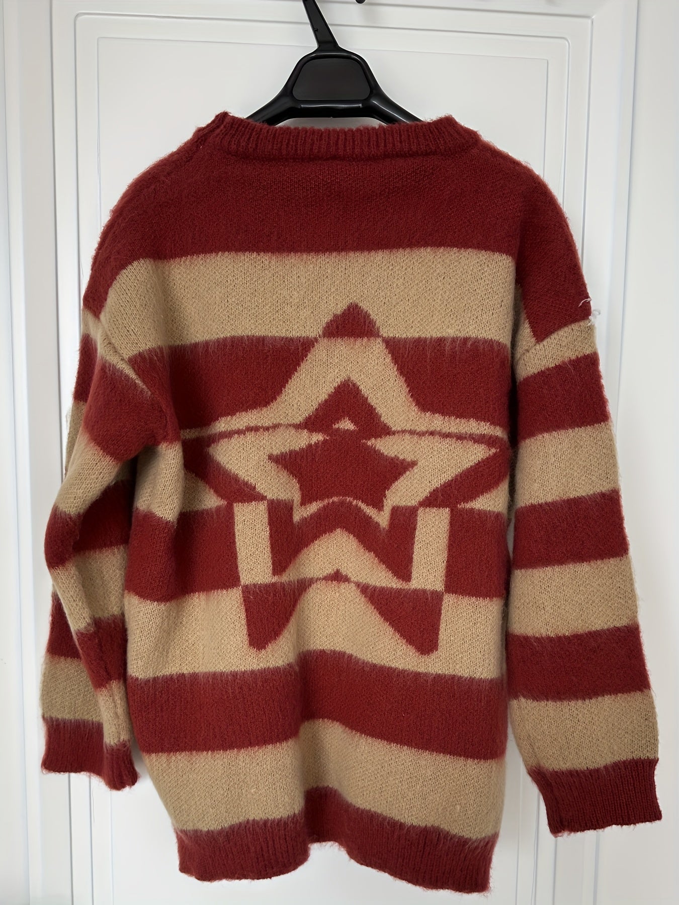 Antmvs Letter Pattern Striped Knit Sweater, Casual Long Sleeve Pullover Sweater, Women's Clothing