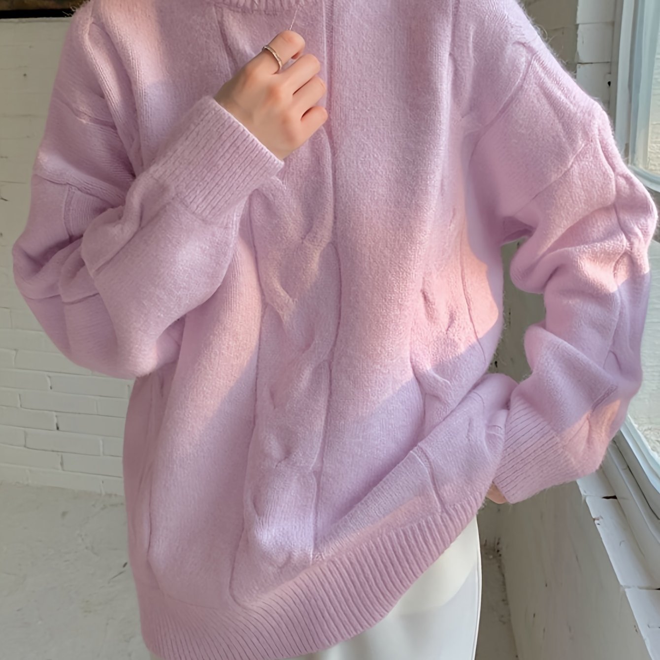 Antmvs Solid Cable Knit Loose Sweater, Casual Crew Neck Long Sleeve Sweater, Women's Clothing