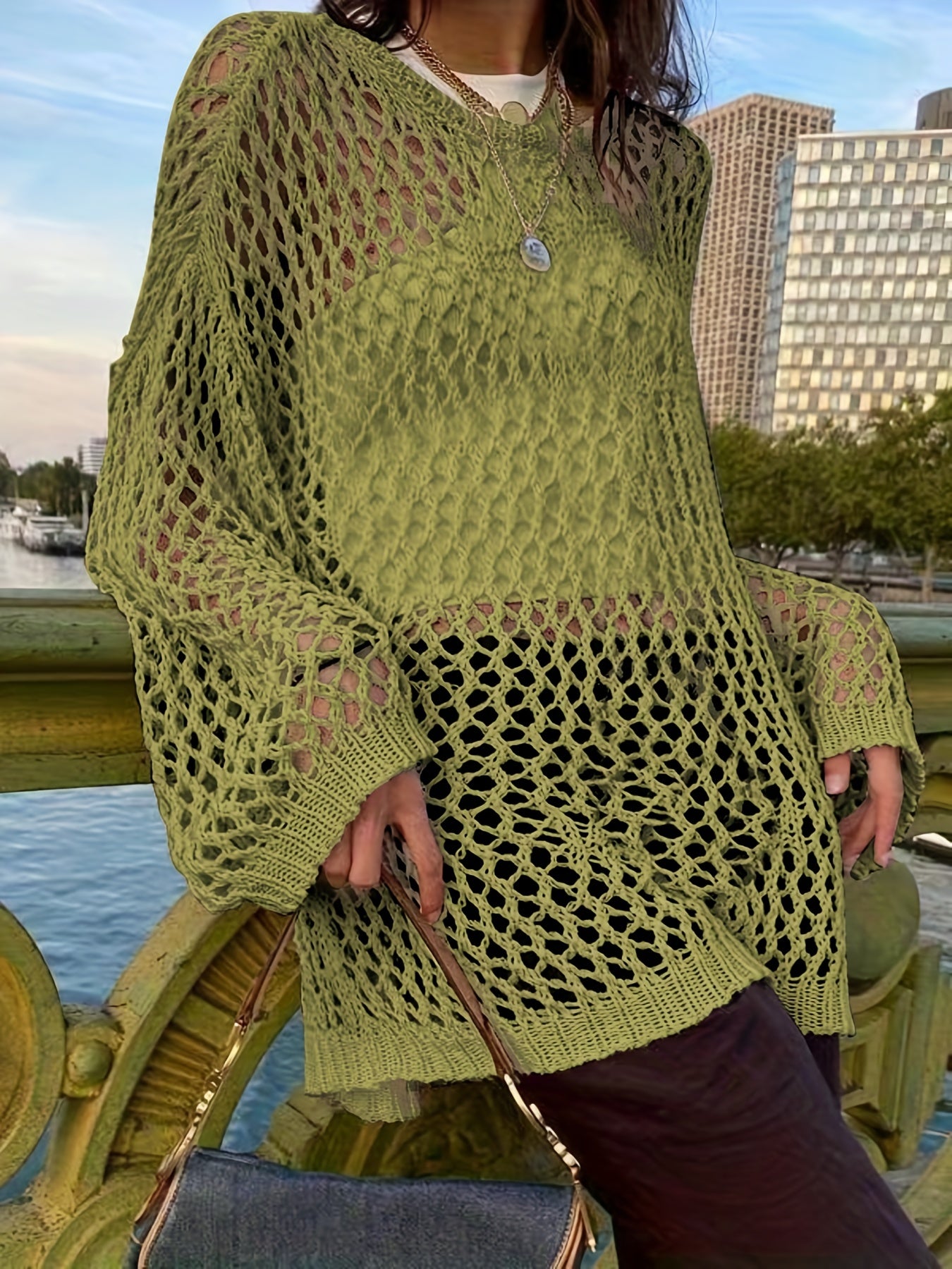 Antmvs Crochet Cut Out Cover Up Top, Y2K Long Sleeve Crew Neck Top, Women's Clothing