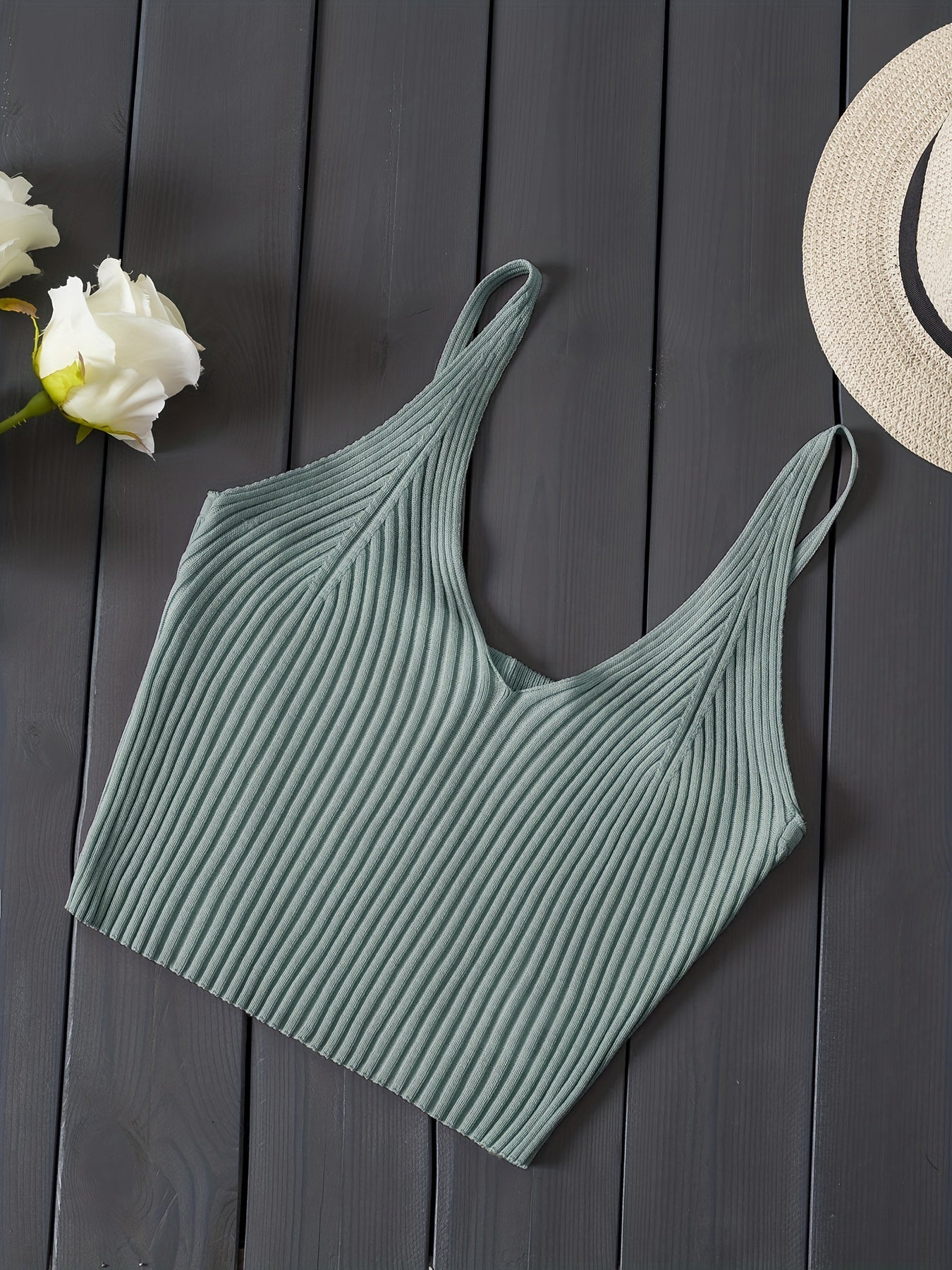 Antmvs Ribbed Knit Crop Cami Top, Y2K Sleeveless Top For Spring & Summer, Women's Clothing