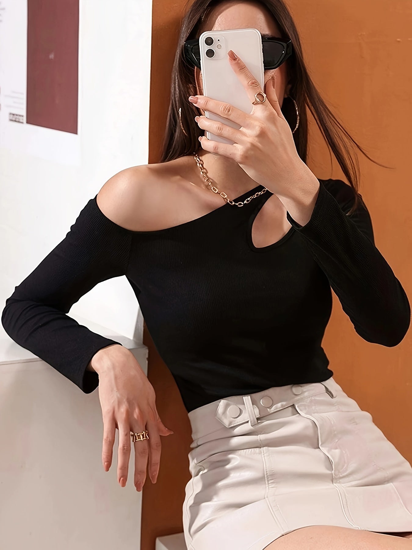 Antmvs Cutout Solid Cold Shoulder T-Shirt, Casual Long Sleeve Top For Spring & Fall, Women's Clothing