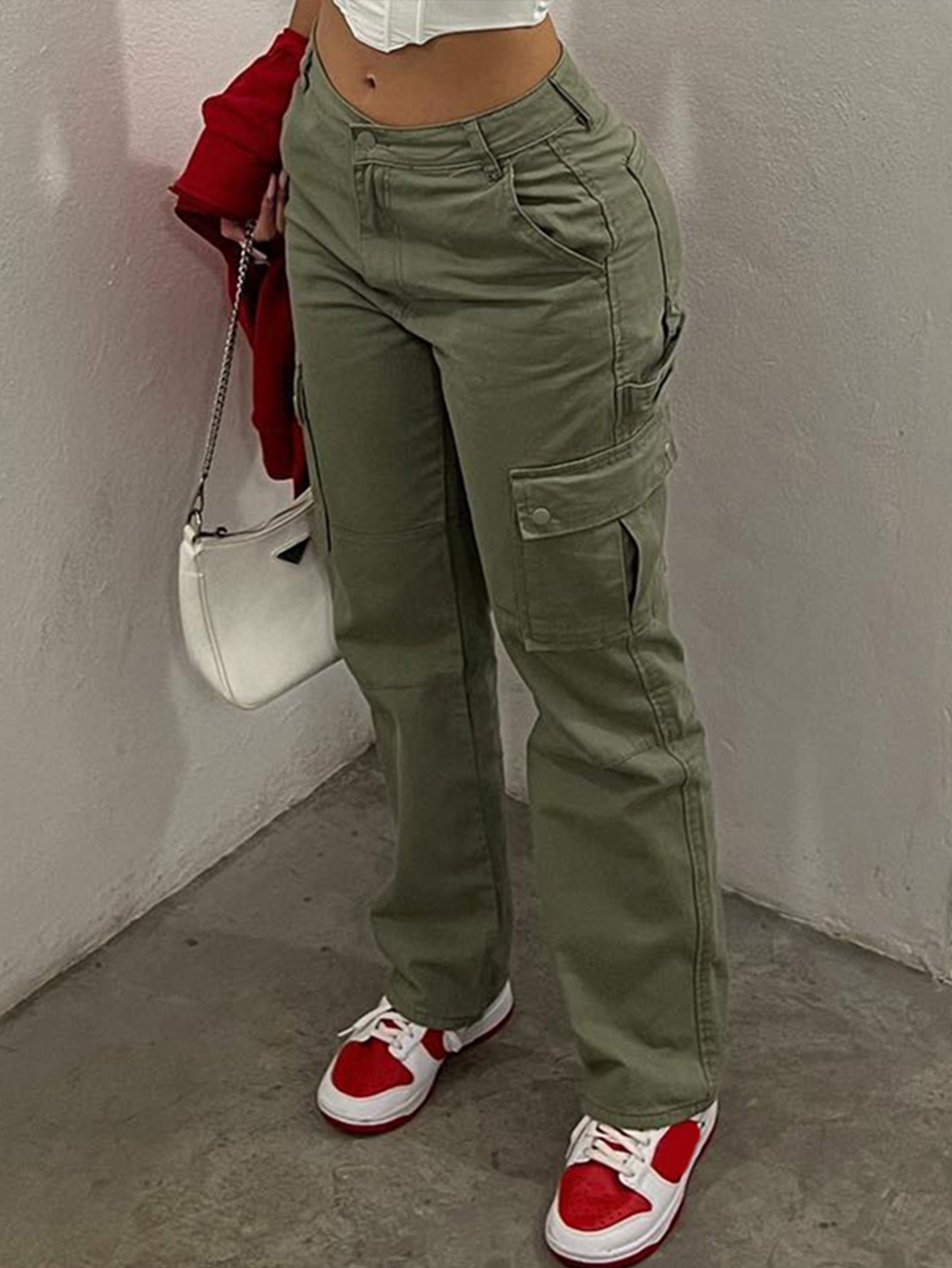 Antmvs Straight Leg Cargo Pants, Y2K Solid High Waist Casual Fashion Slim Wide Leg Pants, Women's Clothing