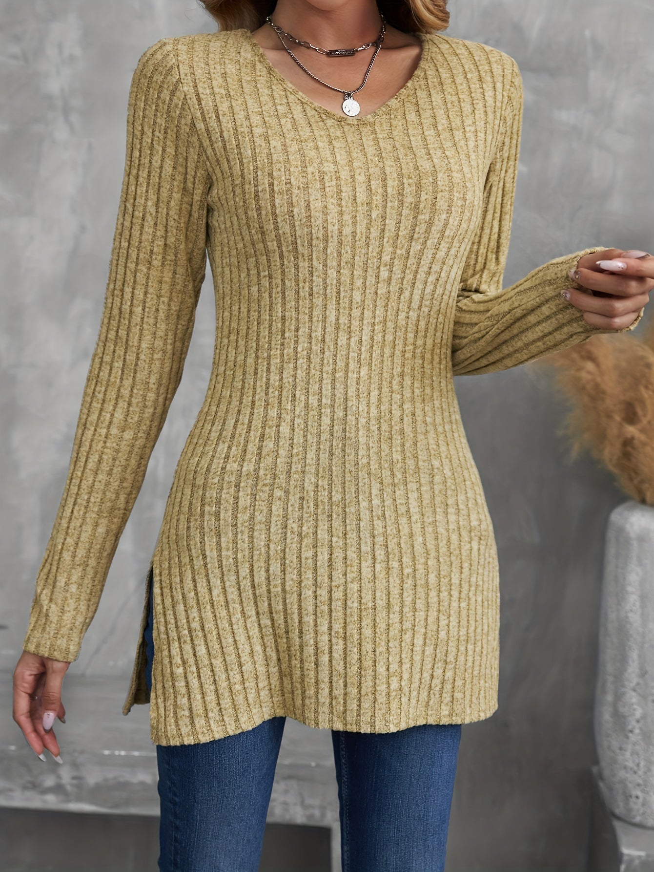 Antmvs Solid Ribbed V Neck T-shirt, Elegant Long Sleeve Top For Spring & Fall, Women's Clothing