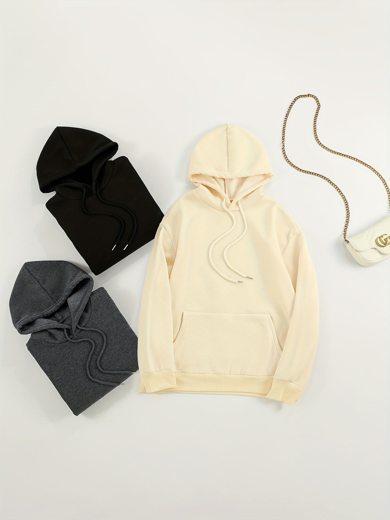 Antmvs 3pcs Solid Color Front Pocket Hooded Sweatshirts, Casual Loose Long Sleeve Sports Drawstring Hoodie, Women's Sporty Sweatshirts