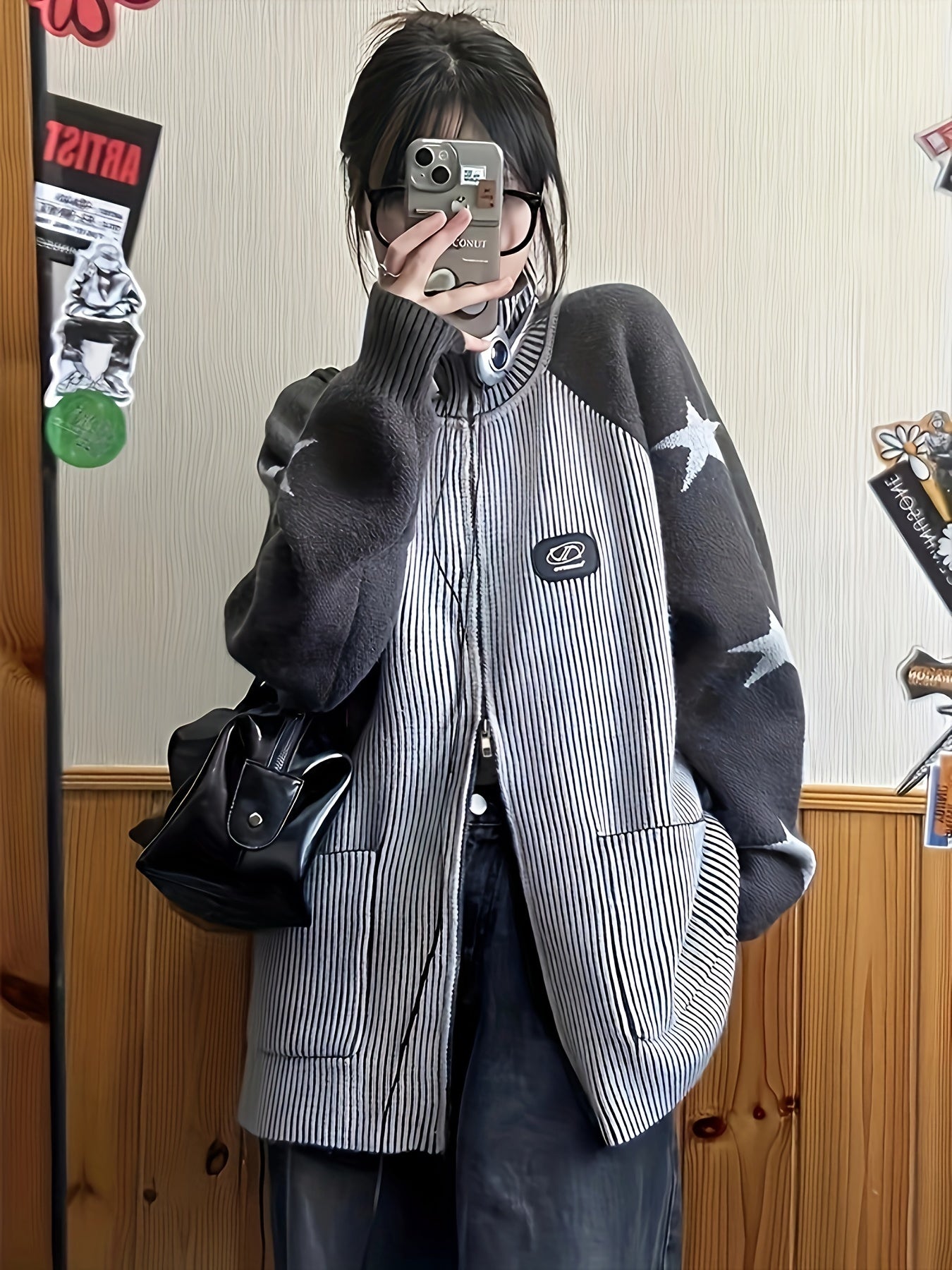 Antmvs Striped & Star Pattern Knit Cardigan, Vintage Zip Up Long Sleeve Preppy Sweater With Pocket, Women's Clothing