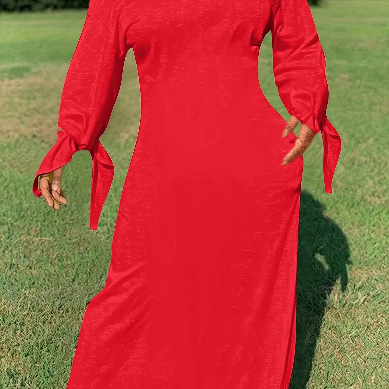 Antmvs Plus Size Sexy Dress, Women's Plus Solid One Shoulder Knot Long Sleeve Slash Neck Maxi Dress