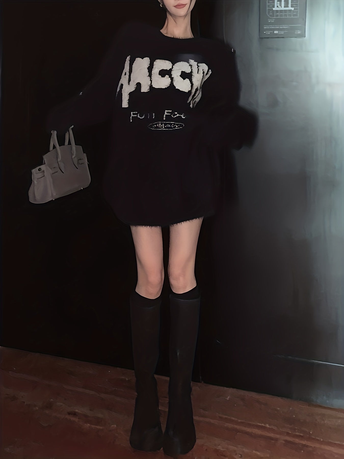 Antmvs Letter Pattern Crew Neck Fleece Sweater, Vintage Long Sleeve Oversized Pullover Sweater, Women's Clothing