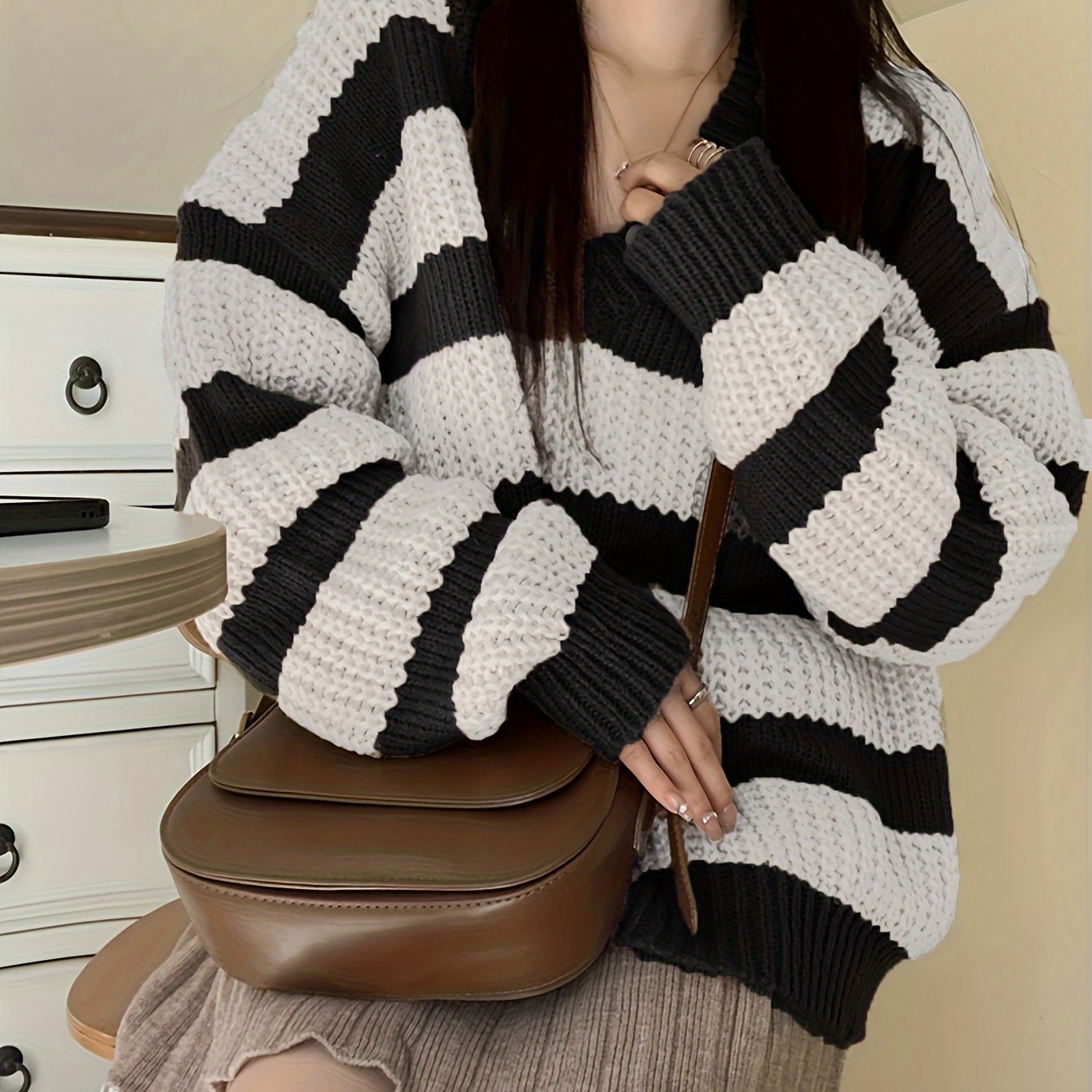 Antmvs Striped V Neck Pullover Sweater, Casual Long Sleeve Drop Shoulder Sweater, Women's Clothing