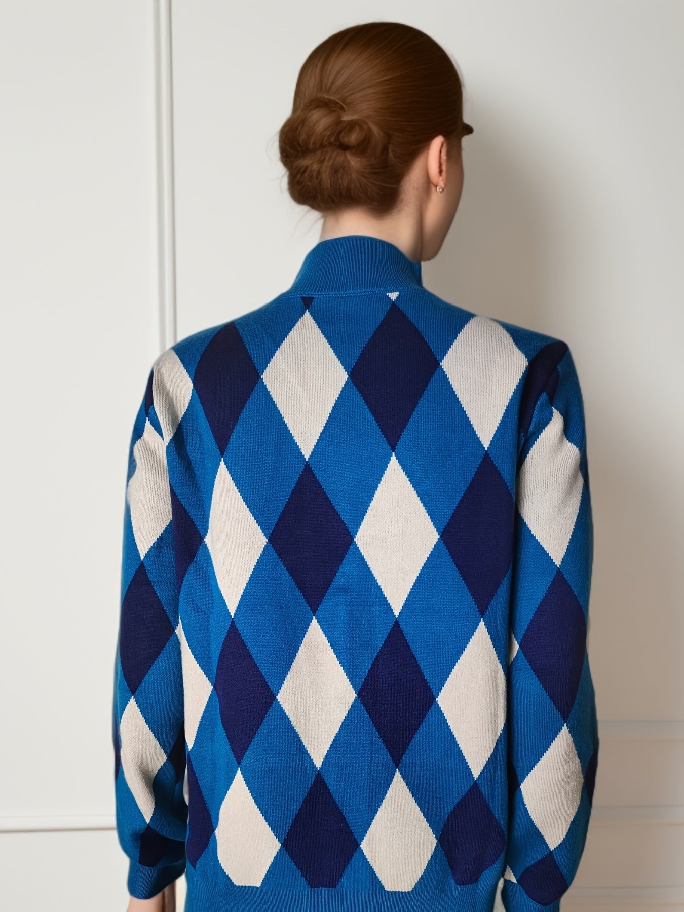 Antmvs Argyle Pattern Turtle Neck Pullover Sweater, Casual Long Sleeve Sweater, Women's Clothing