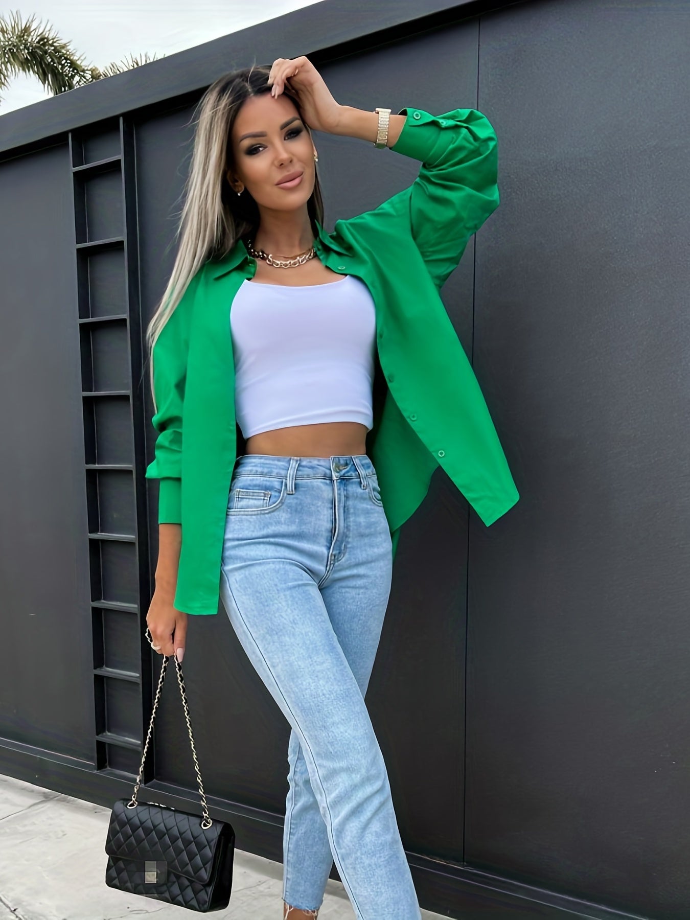 Antmvs V-neck Loose Lapel Blouses, Casual Button Down Long Sleeve Fashion Spring Summer Shirts Tops, Women's Clothing