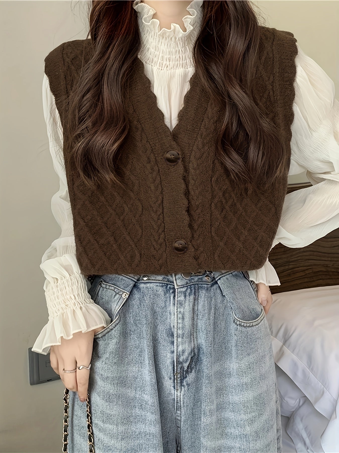 Antmvs Button Front V Neck Vest, Casual Sleeveless Tank Vest For Fall & Winter, Women's Clothing